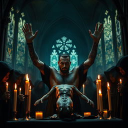 A dark and atmospheric scene inside a gothic satanic church, featuring a group of charismatic, mysterious individuals dressed in black robes, their faces partially hidden in shadows, gathered around an altar