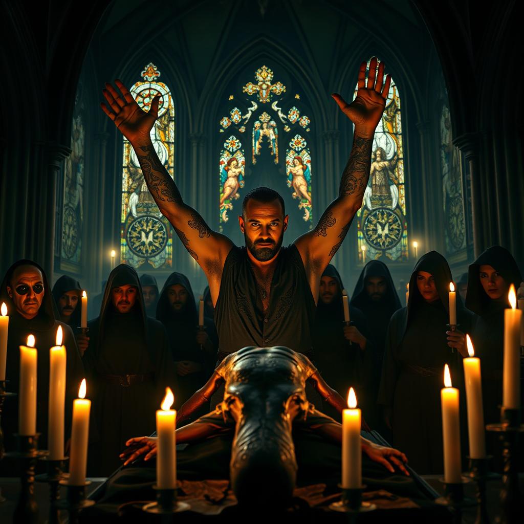 A dark and atmospheric scene inside a gothic satanic church, featuring a group of charismatic, mysterious individuals dressed in black robes, their faces partially hidden in shadows, gathered around an altar