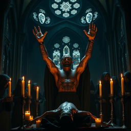 A dark and atmospheric scene inside a gothic satanic church, featuring a group of charismatic, mysterious individuals dressed in black robes, their faces partially hidden in shadows, gathered around an altar