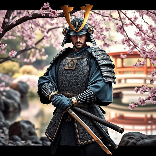A majestic samurai standing in a serene Japanese garden, dressed in traditional armor with intricate patterns