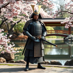 A majestic samurai standing in a serene Japanese garden, dressed in traditional armor with intricate patterns