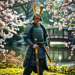 A majestic samurai standing in a serene Japanese garden, dressed in traditional armor with intricate patterns