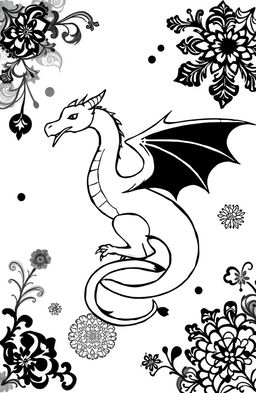 A black and white minimalist illustration of a dragon, featuring clean lines and a simplistic design