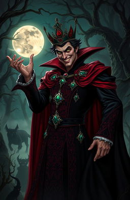 A wicked prince in a dark, enchanted forest, dressed in an ornate, black and crimson royal attire adorned with glimmering jewels