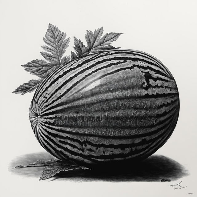 A black and white pencil drawing of a watermelon