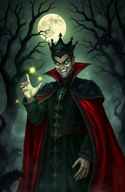 A wicked prince in a dark, enchanted forest, dressed in an ornate, black and crimson royal attire adorned with glimmering jewels
