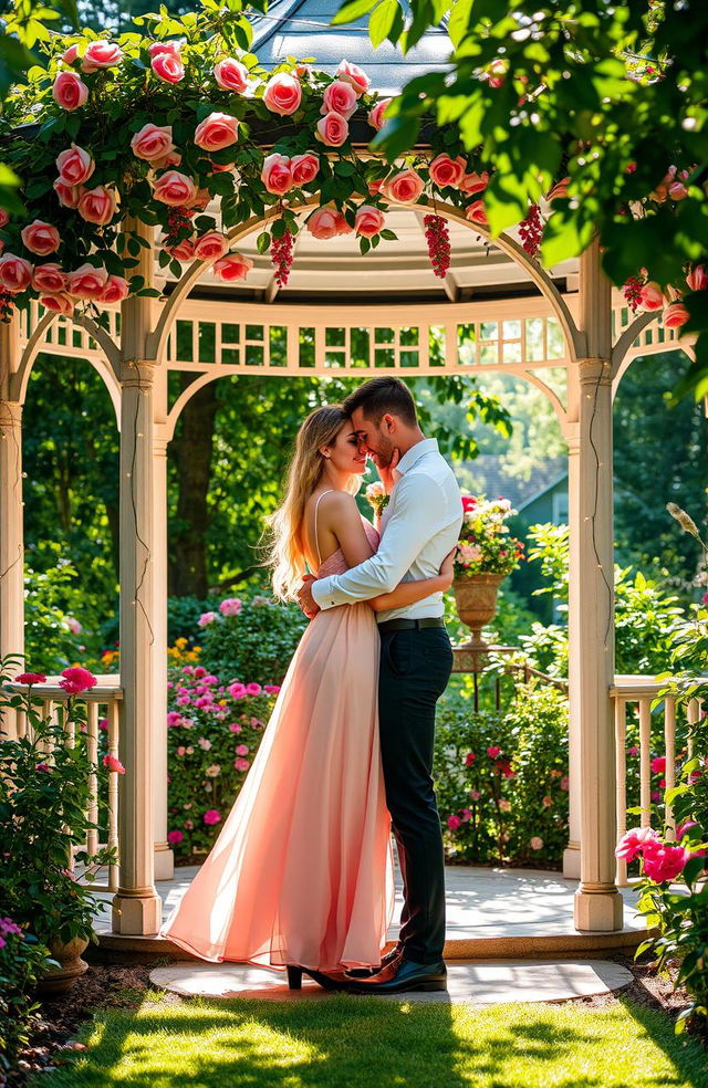 A romantic scene featuring two lovers in a beautiful gazebo surrounded by a lush garden