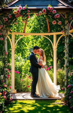 A romantic scene featuring two lovers in a beautiful gazebo surrounded by a lush garden