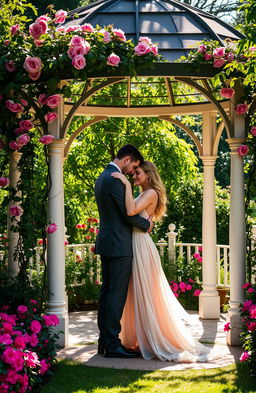 A romantic scene featuring two lovers in a beautiful gazebo surrounded by a lush garden
