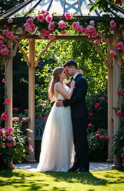 A romantic scene featuring two lovers in a beautiful gazebo surrounded by a lush garden