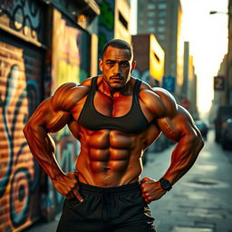 A muscular person posing confidently in an urban environment