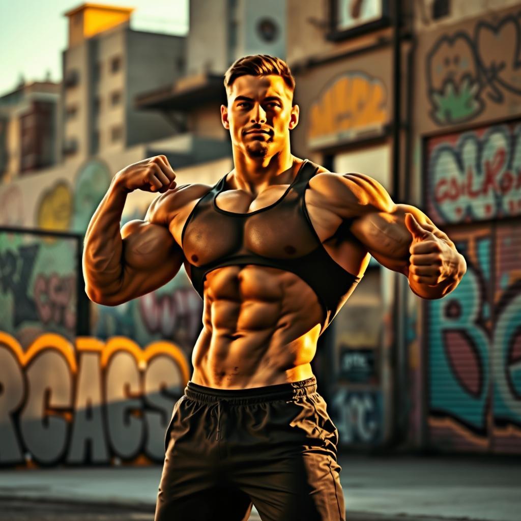 A muscular person posing confidently in an urban environment