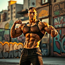 A muscular person posing confidently in an urban environment