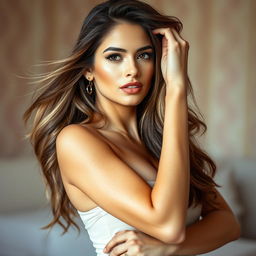 A sensual and artistic portrayal of a confident woman in a stylish, elegant pose, embodying beauty and allure