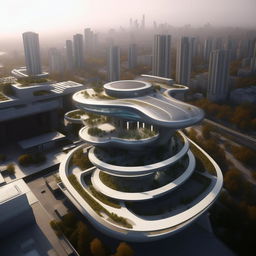 aerial view of futuristic SWAT high-rise headquarters with helipad for in city center in broad daylight based on https://files.dreamhome.software/files/static/36651