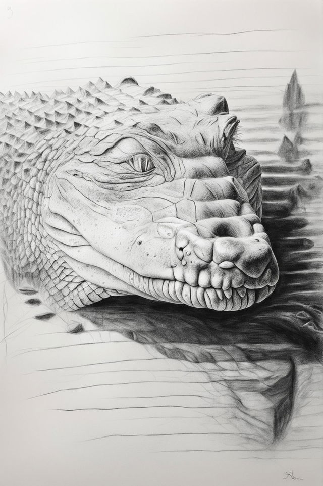 This high-quality pencil drawing on lined paper features a detailed and realistic alligator