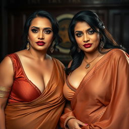 Two sexy hot voluptuous milf aunties wearing exquisite sarees and low-cut blouses, bent forward in a powerful and assertive pose