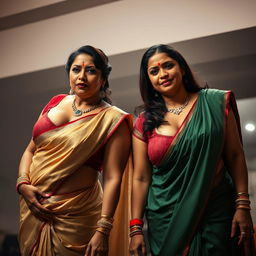 Two sexy hot voluptuous milf aunties wearing exquisite sarees and low-cut blouses, bent forward in a powerful and assertive pose