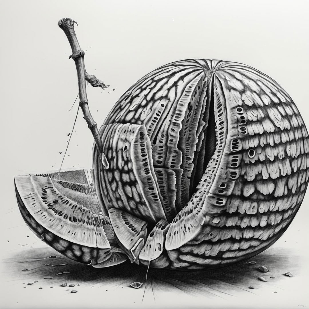 A different black and white pencil drawing of a watermelon slice