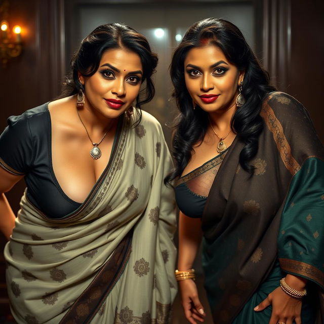 Two sexy hot voluptuous milf aunties wearing exquisite sarees and low-cut blouses, bent forward in a powerful and assertive pose