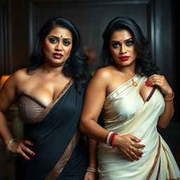 Two sexy hot voluptuous milf aunties wearing exquisite sarees and low-cut blouses, bent forward in a powerful and assertive pose