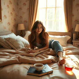 A young woman lying on a beautifully made bed in a cozy, elegantly decorated bedroom