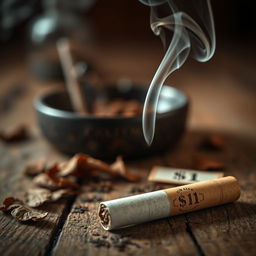A close-up shot of a cigarette that is priced at $1, displayed on a rustic wooden table
