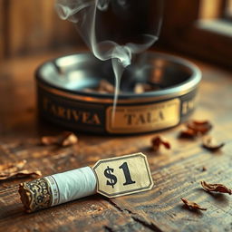 A close-up shot of a cigarette that is priced at $1, displayed on a rustic wooden table