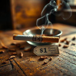 A close-up shot of a cigarette that is priced at $1, displayed on a rustic wooden table