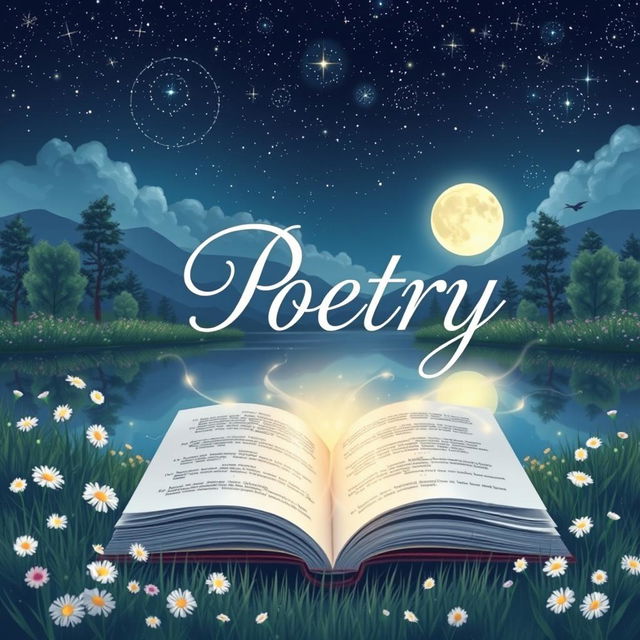 A visually captivating poetry book cover illustration featuring an ethereal, dreamy landscape