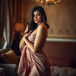 A beautiful woman confidently posing in a softly lit room, showcasing her allure with an emphasis on empowerment and body positivity