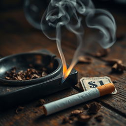 A close-up of a cigarette priced at $1, resting on a rustic wooden table
