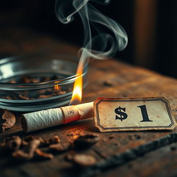 A close-up of a cigarette priced at $1, resting on a rustic wooden table
