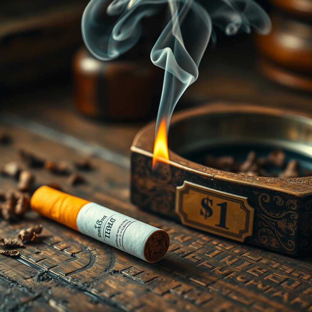 A close-up of a cigarette priced at $1, resting on a rustic wooden table