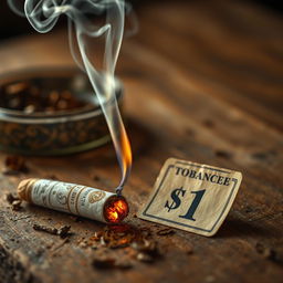 A close-up of a cigarette priced at $1, resting on a rustic wooden table