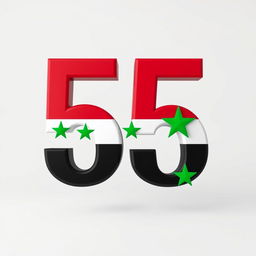 A large, bold number 55 creatively decorated with the vibrant colors and design of the Syrian revolution flag