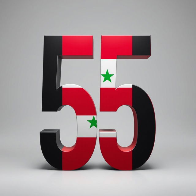 A large, bold number 55 creatively decorated with the vibrant colors and design of the Syrian revolution flag