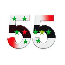 A large, bold number 55 creatively decorated with the vibrant colors and design of the Syrian revolution flag