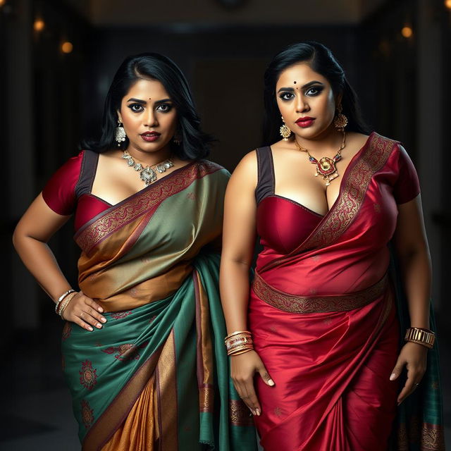 Two sexy hot voluptuous milf aunties wearing exquisite sarees and tight low-cut blouses, bent forward in a confident and assertive pose