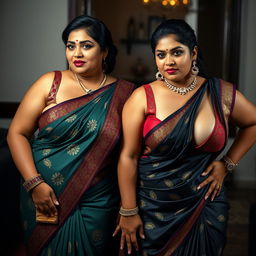 Two sexy hot voluptuous milf aunties wearing exquisite sarees and tight low-cut blouses, bent forward in a confident and assertive pose