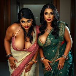 Two sexy hot voluptuous milf aunties wearing exquisite sarees and tight low-cut blouses, bent forward in a confident and assertive pose
