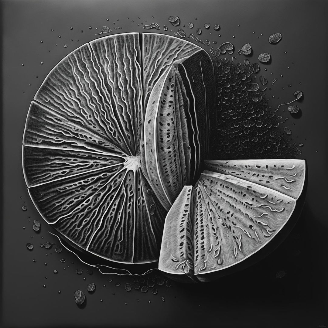 This is a black and white pen drawing of a watermelon