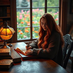 A captivating image of a woman with long, flowing red hair sitting at a vintage wooden desk