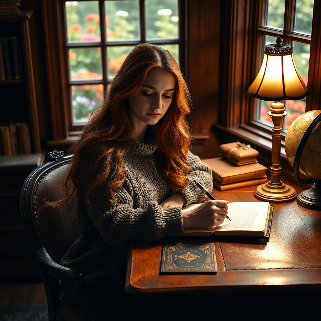 A captivating image of a woman with long, flowing red hair sitting at a vintage wooden desk