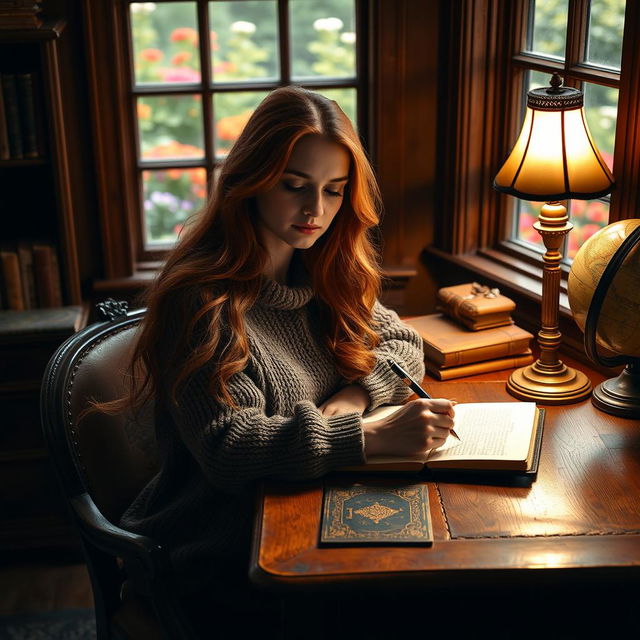 A captivating image of a woman with long, flowing red hair sitting at a vintage wooden desk
