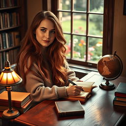 A captivating image of a woman with long, flowing red hair sitting at a vintage wooden desk