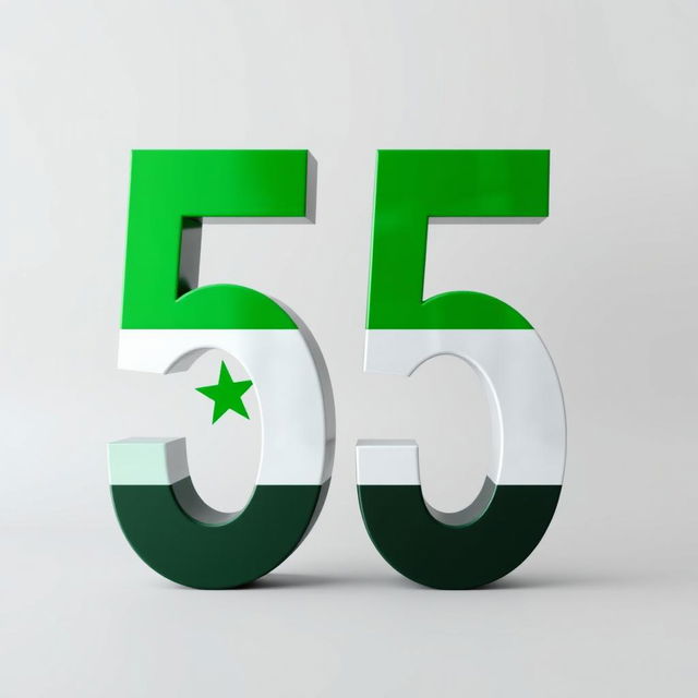 A large, bold number 55 creatively decorated with the striking green design of the Syrian revolution flag