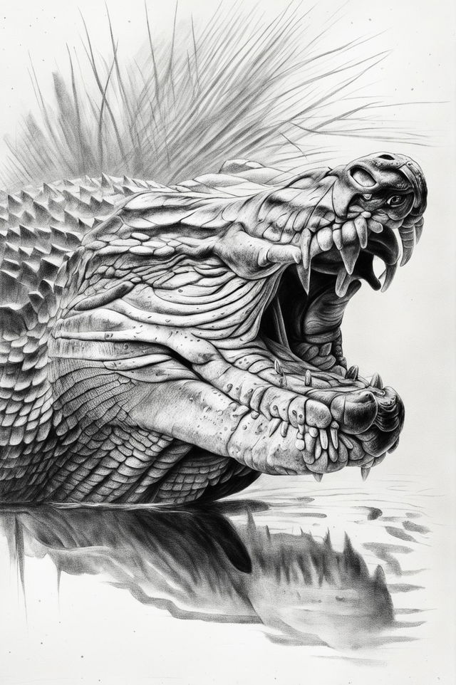 This is a high-quality image of a detailed charcoal drawing of an alligator