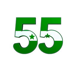A large, bold number 55 creatively decorated with the striking green design of the Syrian revolution flag