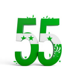 A large, bold number 55 creatively decorated with the striking green design of the Syrian revolution flag